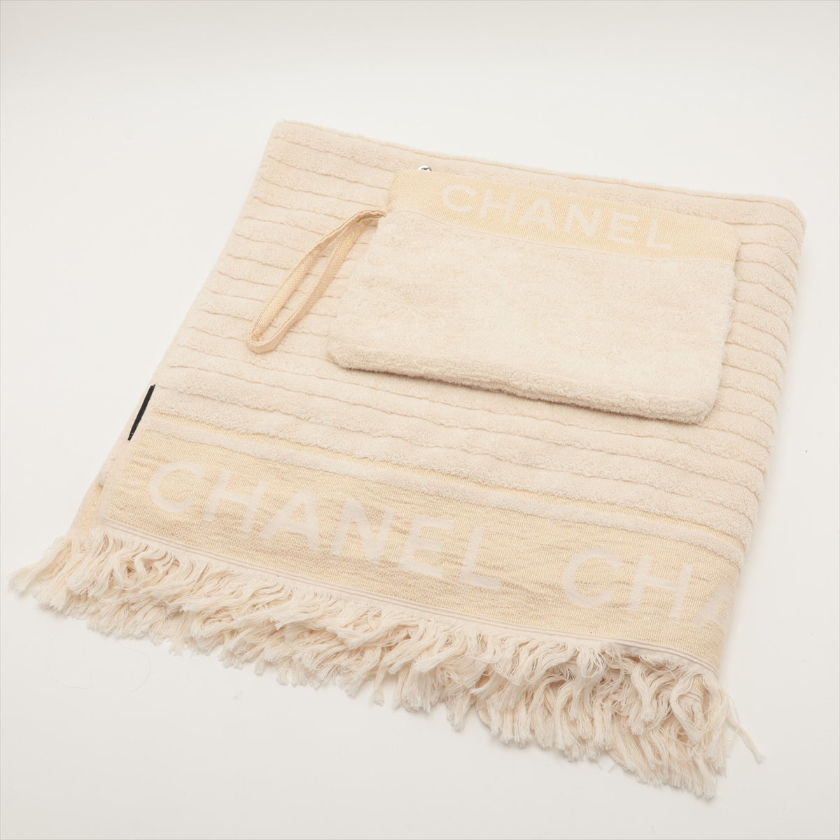 Chanel Logo Cotton Fringe Tote Bag Ivory with Towel and Pochette