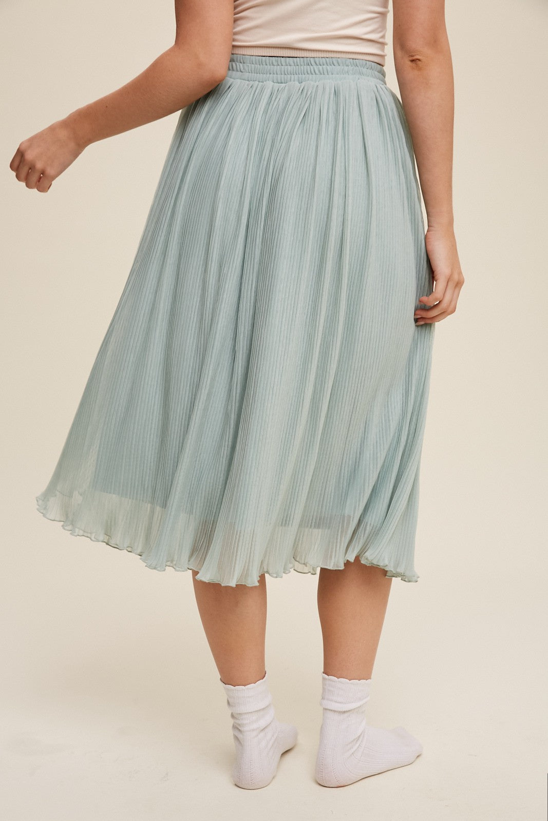 High Waisted Pleated Mesh Midi Skirt