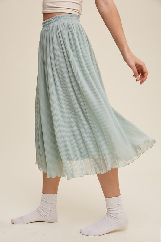 High Waisted Pleated Mesh Midi Skirt