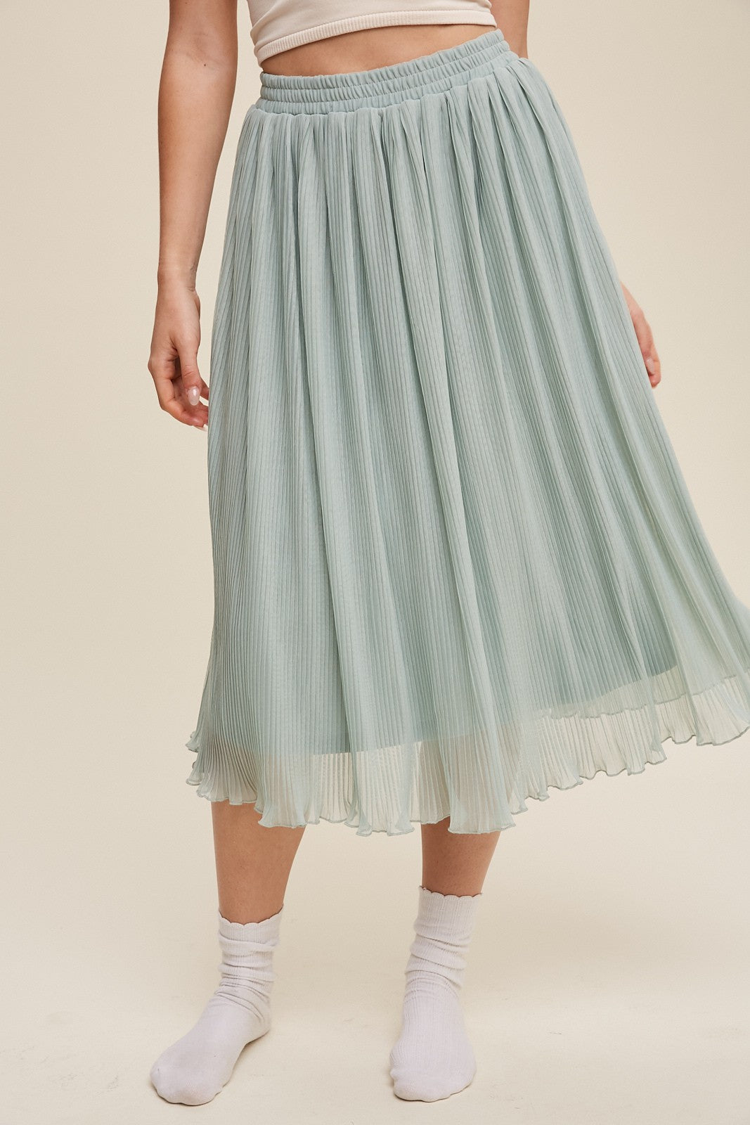 High Waisted Pleated Mesh Midi Skirt