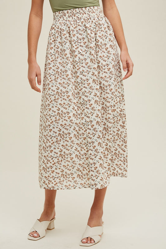 Floral Buttoned Midi Skirt