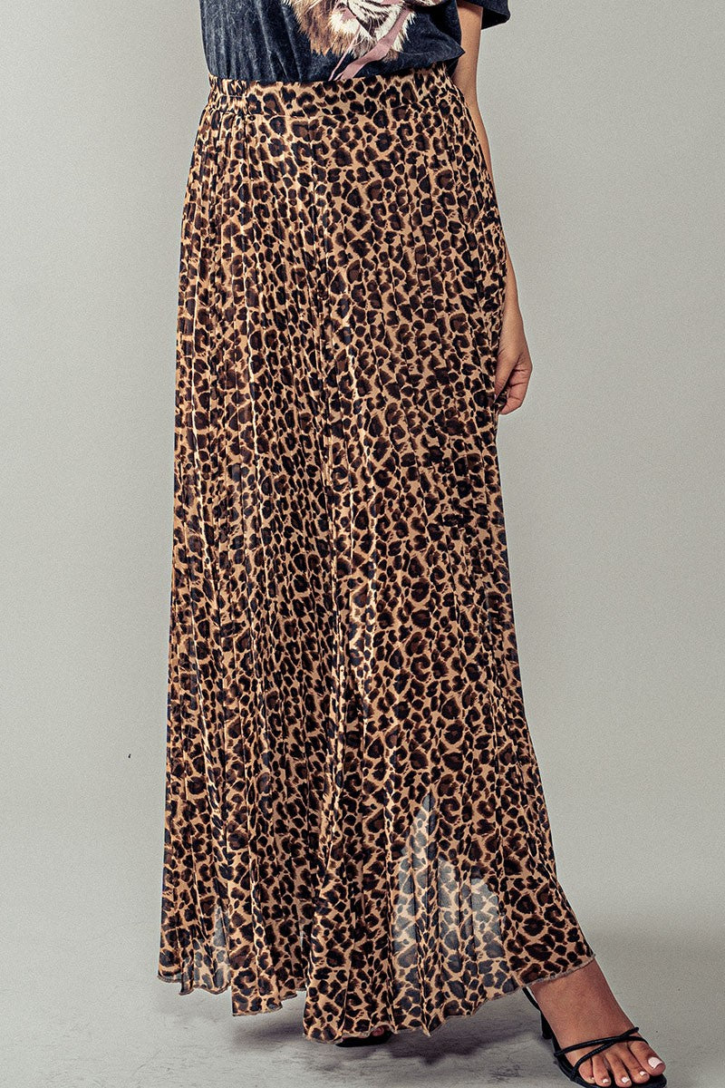 Leopard Animal Print Pleated Maxi Skirt