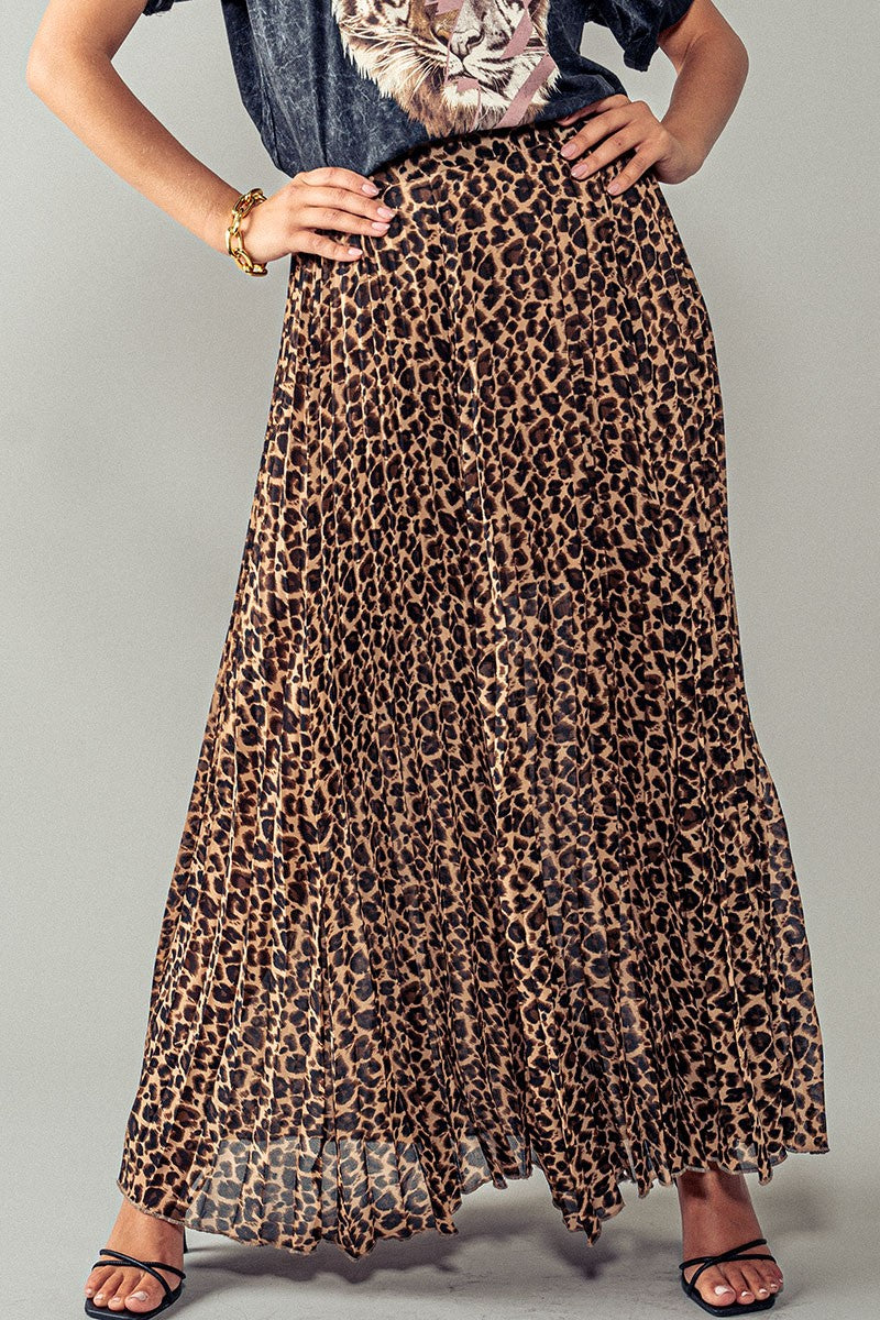 Leopard Animal Print Pleated Maxi Skirt