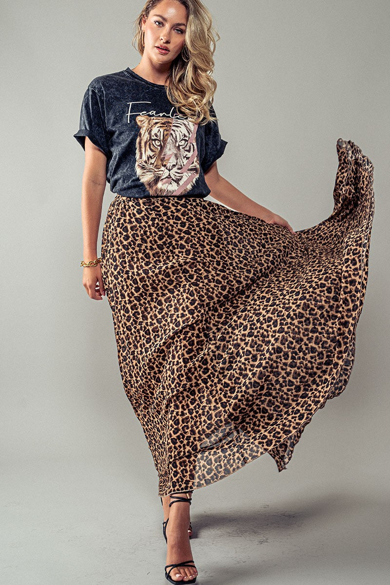 Leopard Animal Print Pleated Maxi Skirt