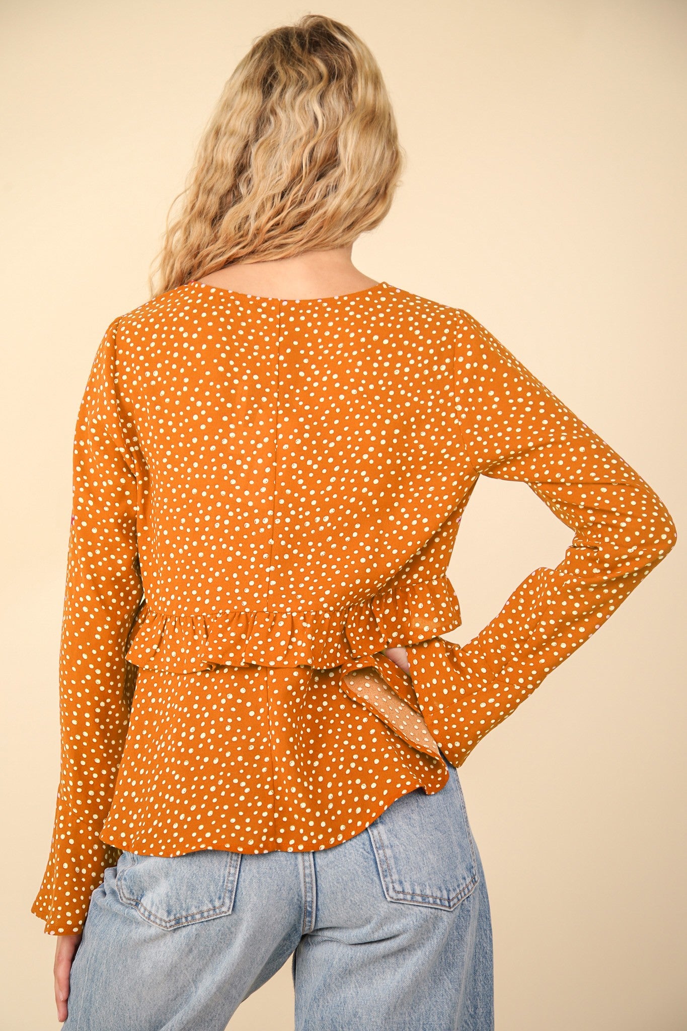 Dotted Ruffled Bell Sleeve Blouse