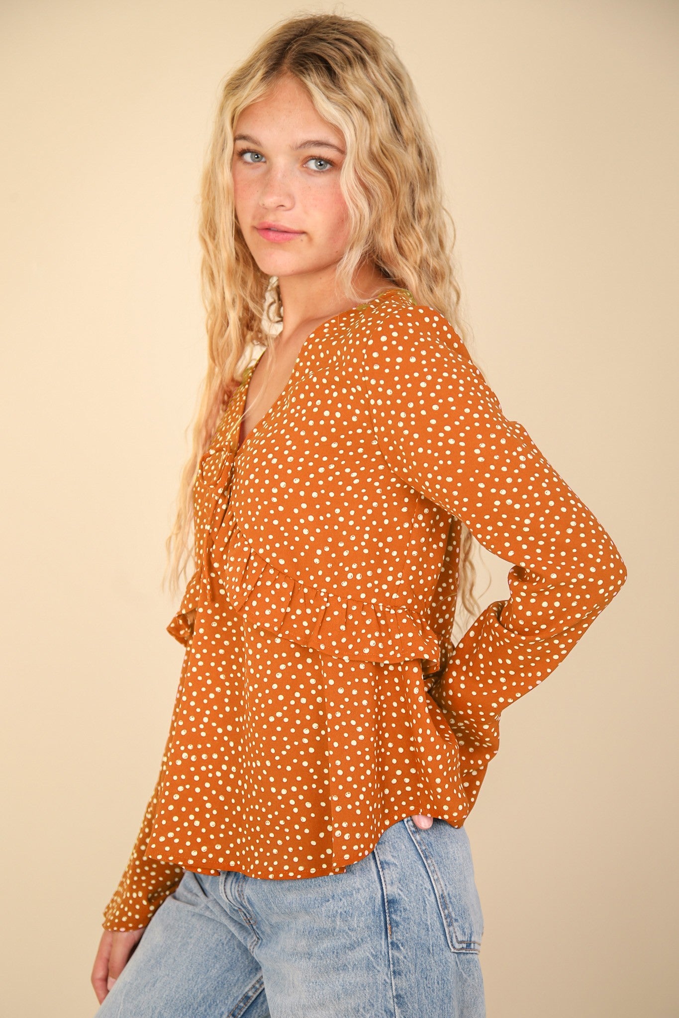 Dotted Ruffled Bell Sleeve Blouse