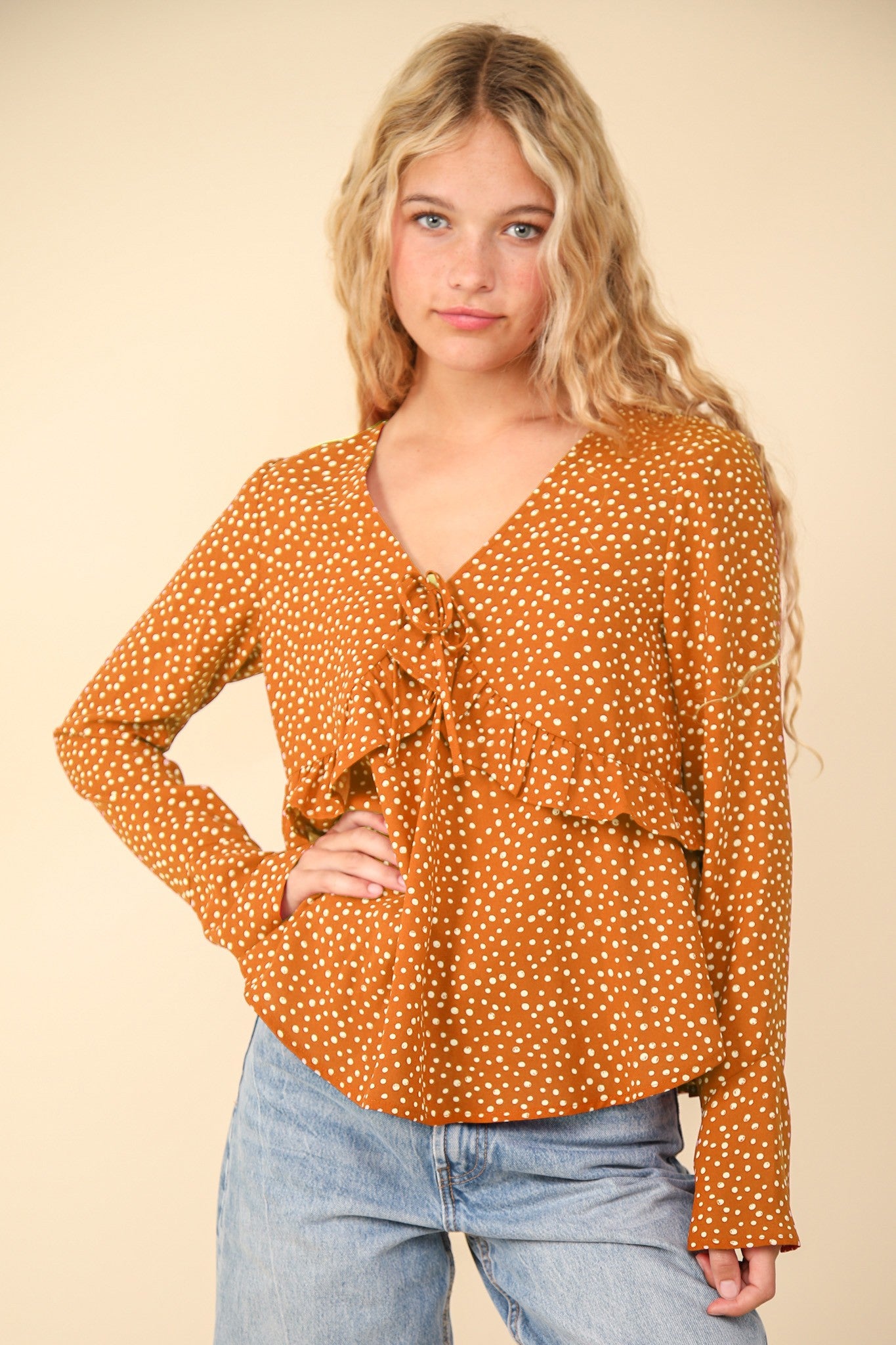 Dotted Ruffled Bell Sleeve Blouse