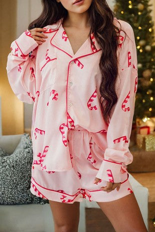 Christmas Candy Cane Print Shirt Shorts Pajama Set