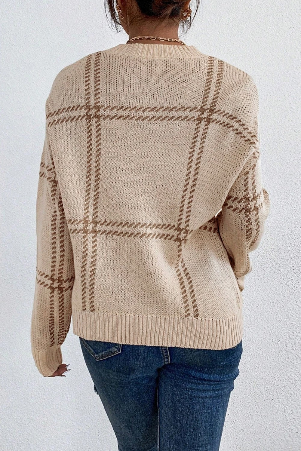 Plaid Knit Drop Shoulder Sweater