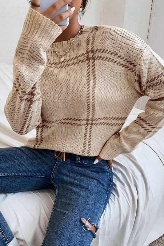 Plaid Knit Drop Shoulder Sweater