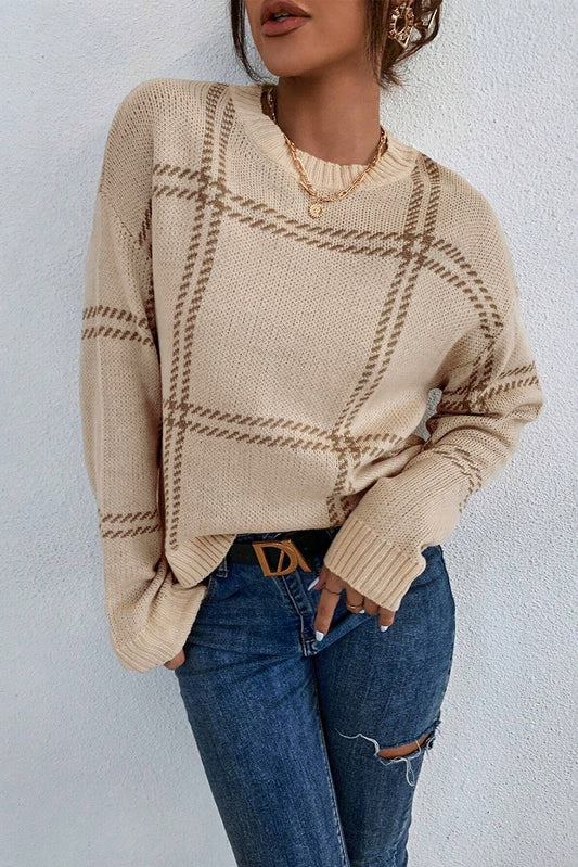 Plaid Knit Drop Shoulder Sweater