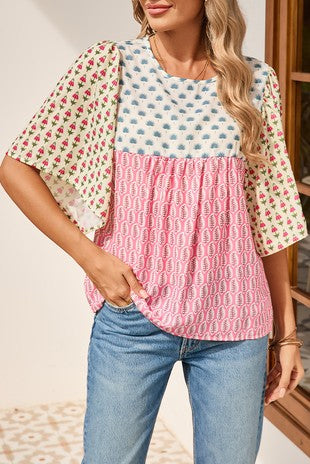 Colorblock Floral Flounce Sleeve Blouse