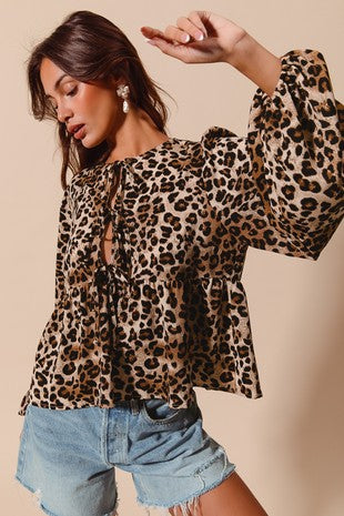 FRONT TIE LEOPARD BLOUSE TOP